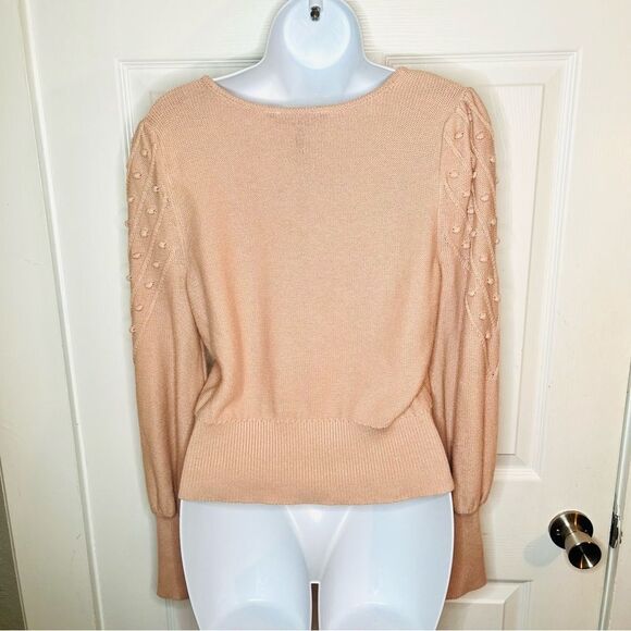 BCBGMaxAzria Bishop Sleeve Cable Knit Textured V-Neck Sweater Open Knit M Blush - Picture 8 of 11